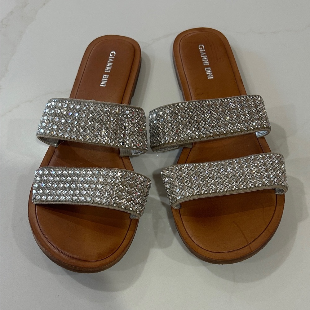 Gianni Bini Silver Crystal Double-Band Slide Sandals NWOT